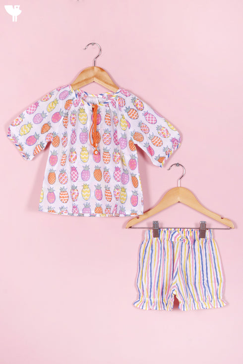 Slub Cotton Top & Shorts Set In Block Print